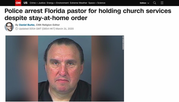 미국 플로리다 템파에 있는 대형교회 ‘리버’ 교회의 하워드 브라운 목사가 행정명령을 어기고 집회를 했다 체포됐다.