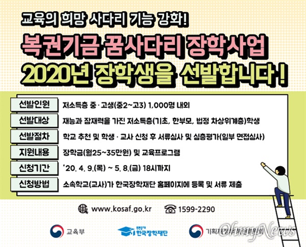 교육부와 한국장학재단은 오는 9일부터 중고등학생들을 대상으로 '복권기금 꿈 사다리' 장학생을 선발한다.