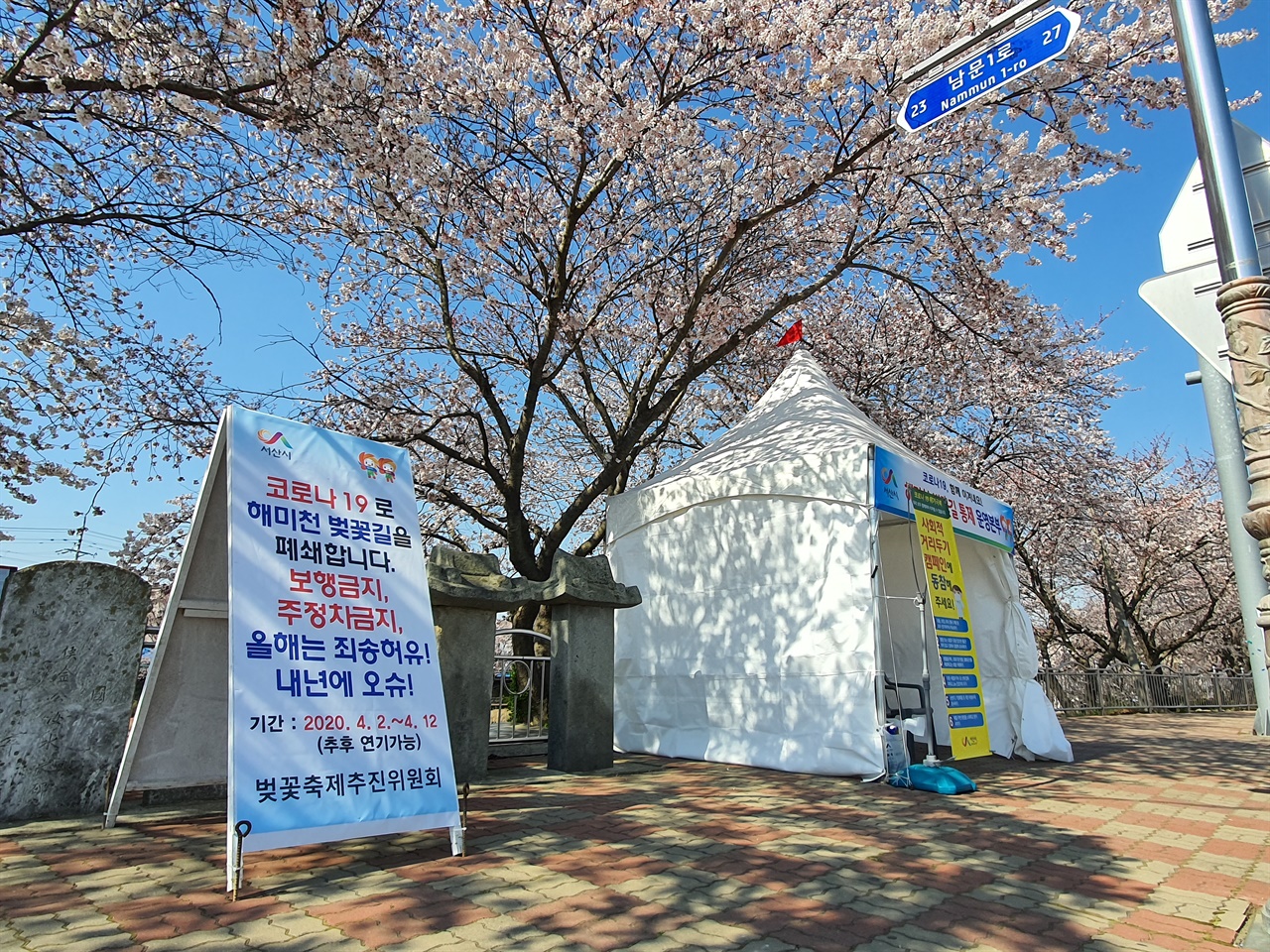  아름답기로 유명한 서산 해미천 벚꽃축제가 전면 취소된 가운데, 진출입로에 축제 취소를 알리는 입간판이 설치되어 있다.