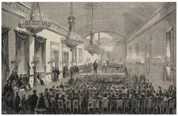 쇼팽이 연주했던 플례엘홀.(에두아르 르나르의 스캐치를 바탕으로 한 목판화, illustration 9.june.1855)