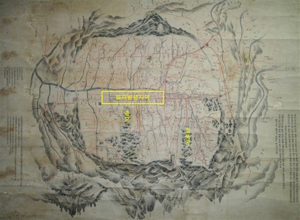 18세기 말에 제작된 한양 지도 《도성도都城圖》에 방화 지역 표기