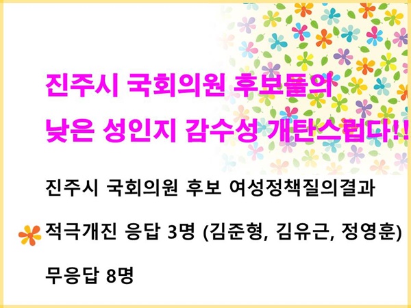  진주여성회를 비롯한 진주지역 여성단체들은 국회의원선거 후보를 대상으로 정책질의를 했다.