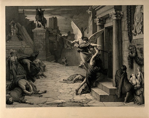 죽음의 천사가 문을 두드리는 모습. 로마제국의 전염병을 묘사한 그림이다. 19세기 프랑스 화가 쥘 엘리 들로네(Jules-Elie Delaunay)의 작품.