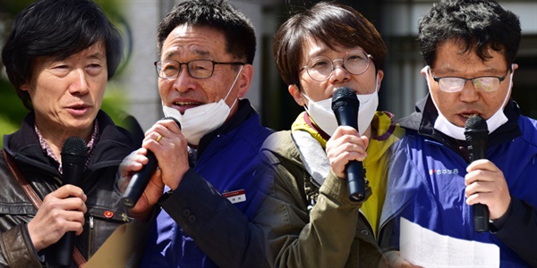 정상래 민주노총 부산본부 노동안전보건국장, 김재하 민주노총 부산본부장, 이숙견 한국노동안전보건연구소 상임활동가, 김재남 민주노총 부산본부 부본부장