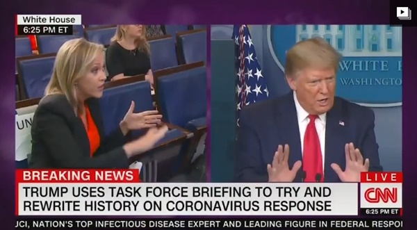 도널드 트럼프 미국 대통령과 백악관 기자단의 코로나19 대응 관련 설전을 보도하는 CNN 뉴스 갈무리.
