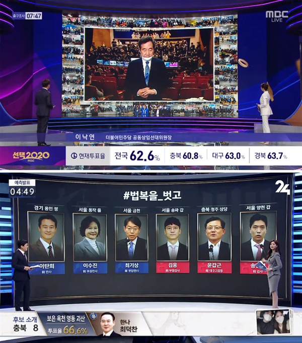  MBC(위)와 SBS(아래)의 4.15총선 개표방송 캡처