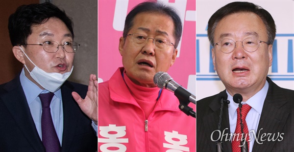 왼쪽부터 김용태 미래통합당 의원, 홍준표 전 자유한국당 대표, 강효상 통합당 의원.