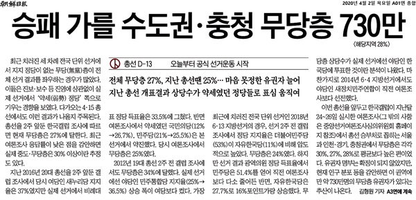 <조선일보> 4월 2일자 1면 '승패 가를 수도권·충청 무당층 730만명' 기사 