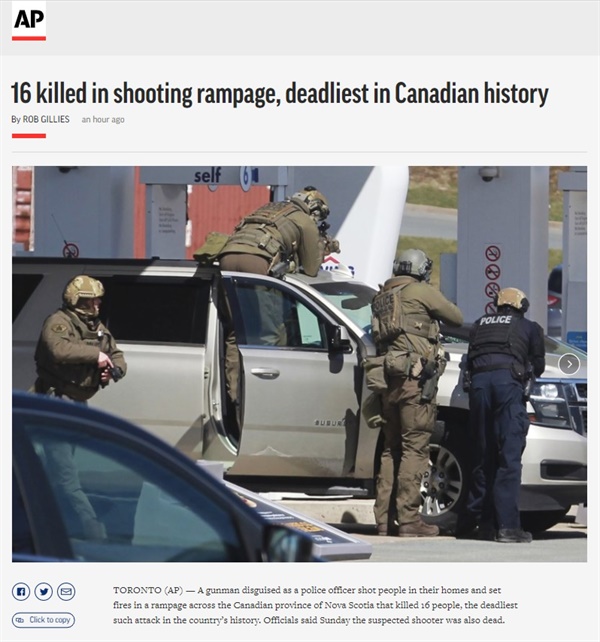 캐나다에서 16명의 목숨을 앗아간 총기 난사를 보도하는 AP통신 갈무리.