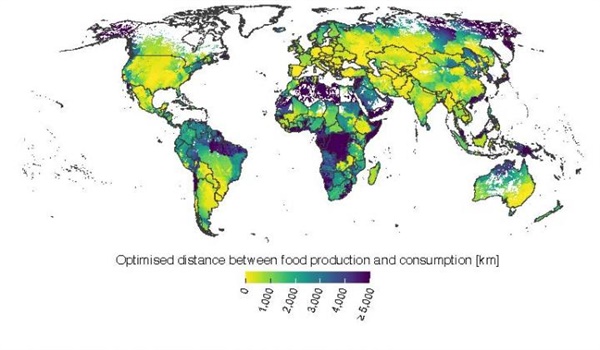 주요 식량원과 식량원이 소비되는 장소와 거리를 나타낸 지도. 색깔이 진할수록 먼 곳에서 생산된 곡물 등에 의존하는 비중이 높다. 한국과 일본 등도 대표적으로 이런 나라에 속한다.  
