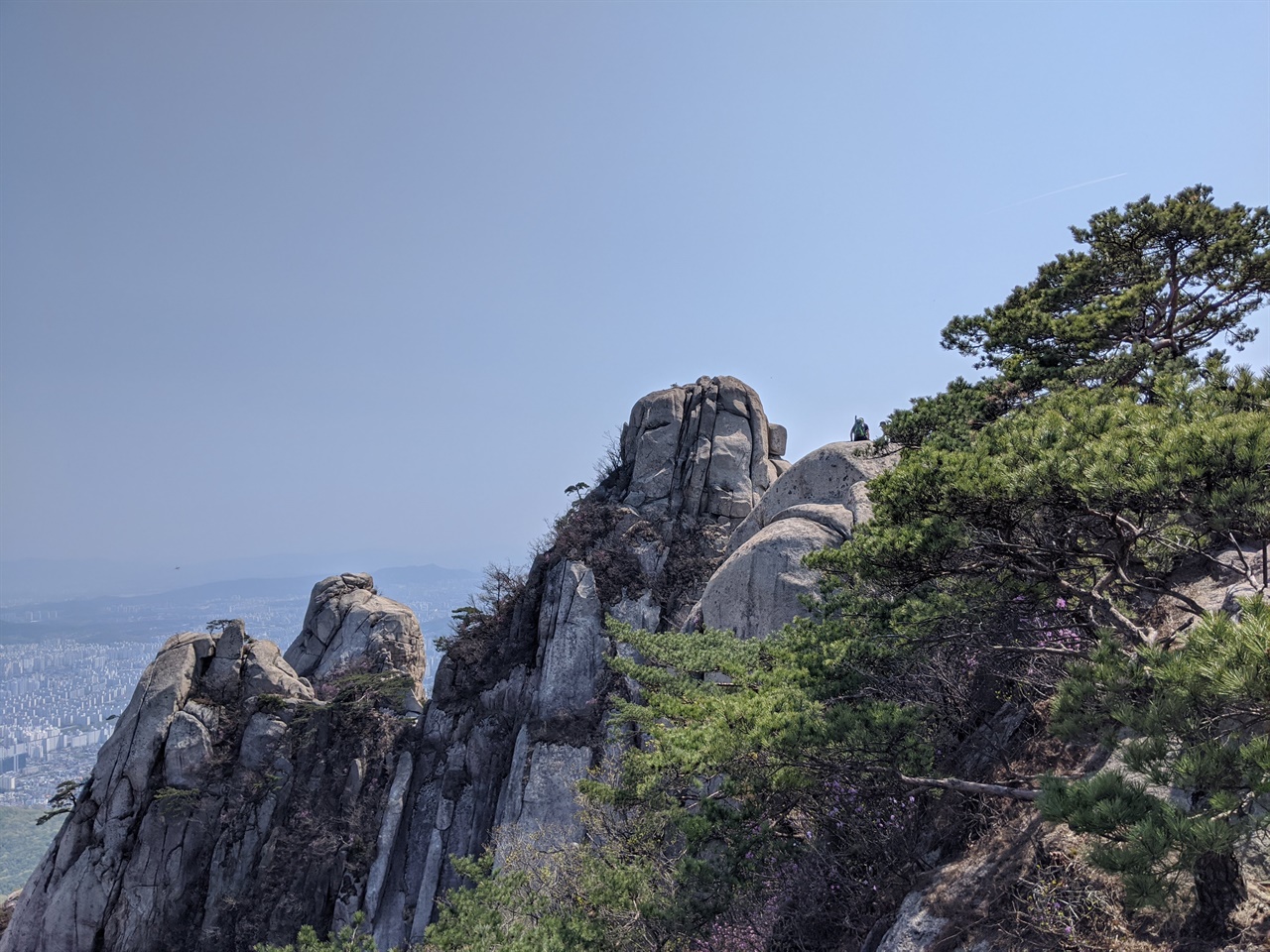 도봉산의 암봉 트리오: 선인봉, 자운봉, 만장봉 Y 계곡으로 가기 전에 멋모르고 찍은 사진에 세 개의 봉이 나타났다. 