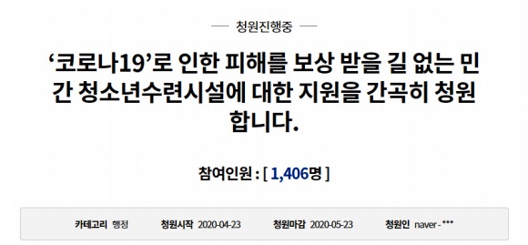 청와대 청원에 올라온 민간 청소년수련시설 지원 호소 청원에는 5월 10일 현재 1,400명을 넘어서고 있다. 이 청원은 오는 23일까지 진행된다.  