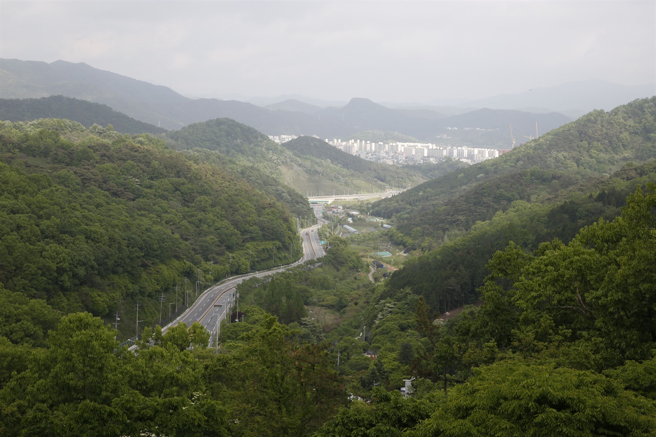  너릿재 옛길 전망대에서 내려다 본 너릿재 도로와 화순읍내 시가지 풍경. 전망대에서 300년 된 느티나무 고목이 옛길의 정취를 더해준다.