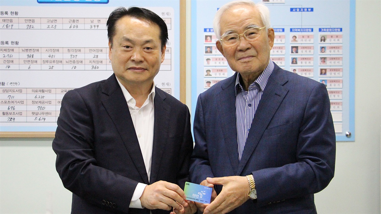 김언석 위원장(사진 왼쪽)이 재난지원금 체크카드를 이종만 관장에게 전달하고 있다.