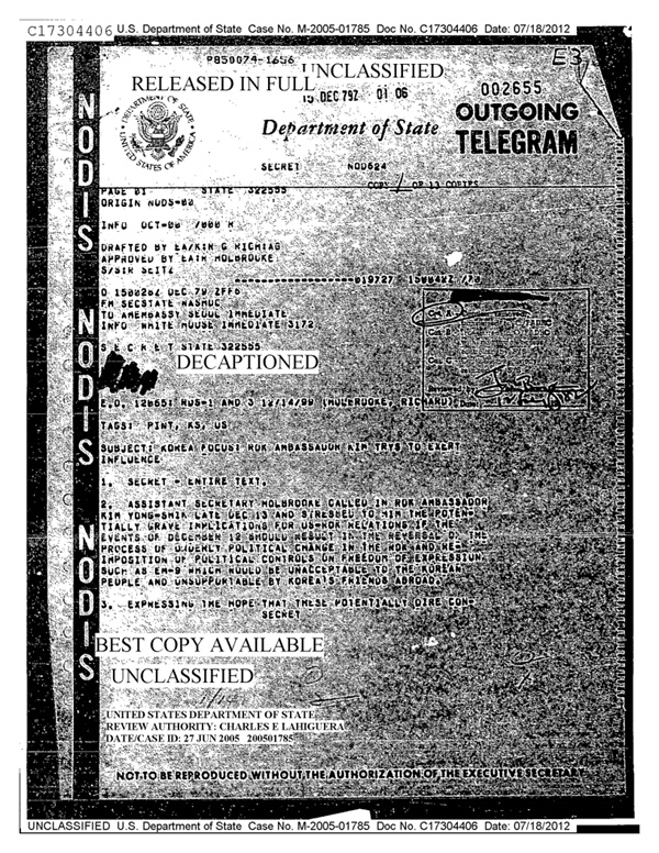 12월 15일 미국 사이러스 밴스 국무부 장관이 글라이스틴 주한 미국 대사로 송부한 기밀 문서. 박용식 주미 한국대사를 불러 12.12 사태에 대한 초치를 전달한 내용이 담겨 있다.