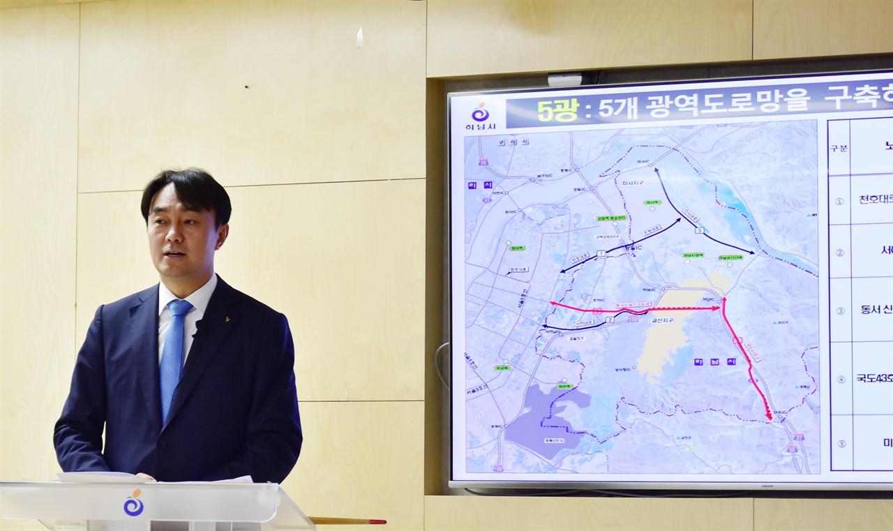 전년도 11월 8일 5철·5고·5광 광역교통대책에 대해 설명하고 있는 김상호 하남시장