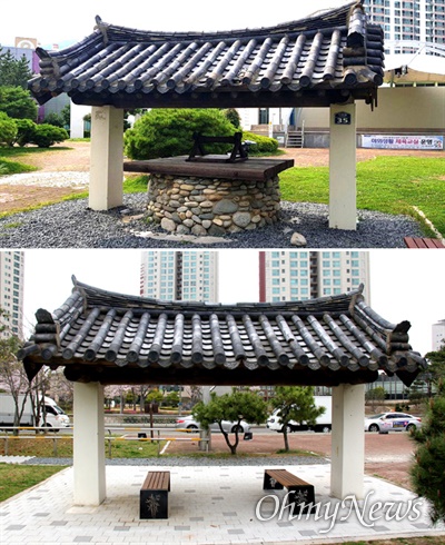 2002년 창원 마산음악관 조성 당시 뜰에 만들어 놓았던 '용두레 우물' 모형(위)이고, 지금은 우물이 없어졌으며 그 자리에 의자가 놓여 있다(아래).