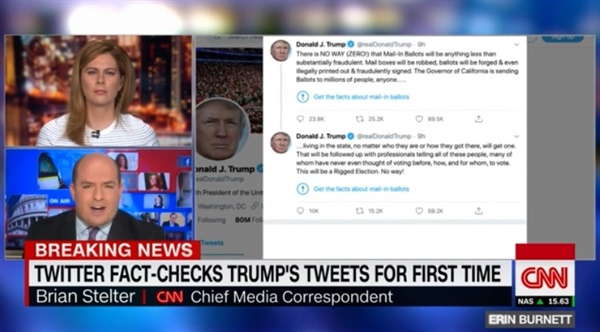 트위터의 도널드 트럼프 미국 대통령 트윗 경고문 삽입을 보도하는 CNN 뉴스 갈무리.