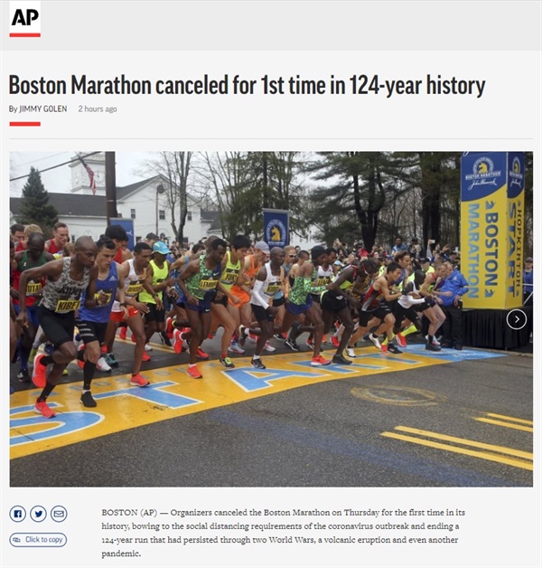  코로나19로 인한 보스턴 마라톤 대회 취소 결정을 보도하는 AP통신 갈무리.