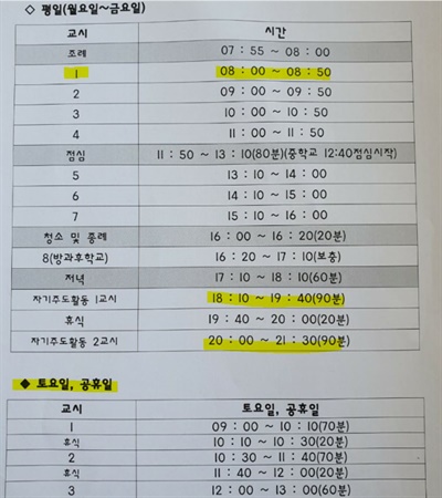 경북 S고가 만든 등교개학 이후 학생생활 일과표. 