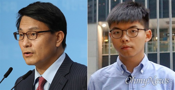 20대 국회 외교통일위원장을 역임했떤 윤상현 무소속 의원(왼쪽)과 홍콩 민주화운동을 이끄는 조슈아 웡(오른쪽). 