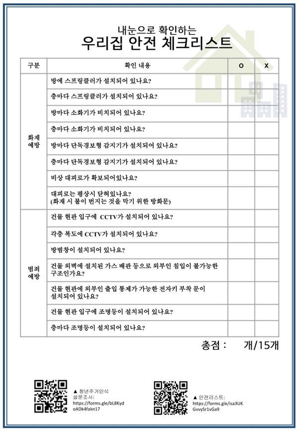  취재팀이 전문가 도움을 받아 만든 주거 안전 점검 체크리스트. 스마트폰으로 QR코드를 찍어 직접 거주지의 안전도를 점검할 수 있다.