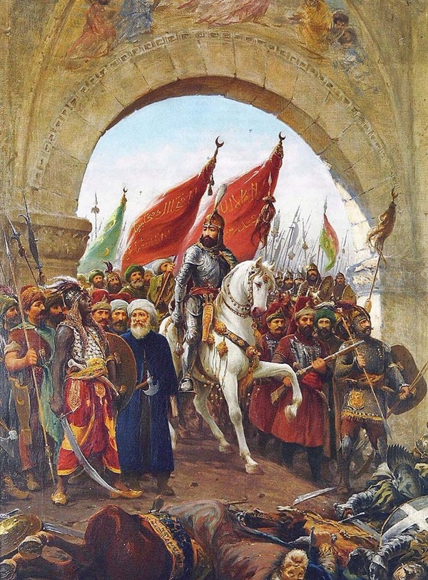 오토만 제국의 메흐메트 대제가 1453년 콘스탄티노플(오늘날 이스탄불)을 점령하던 당시를 상상한 이탈리아 화가 파우스토 조나로의 그림.