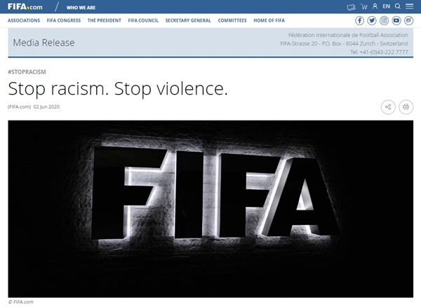  국제축구연맹(FIFA)의 인종차별 반대 성명 갈무리.