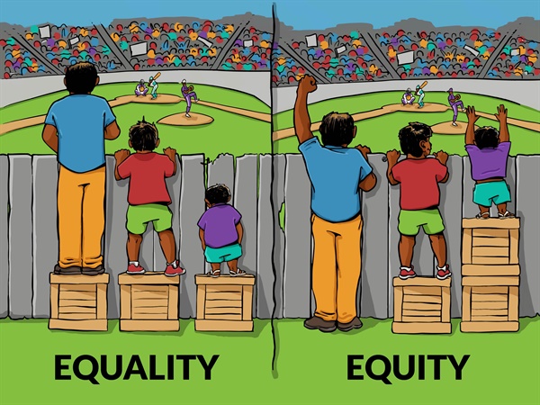 미국의 비영리단체 IISC(Interaction Institute for Social Change) 소속 작가 앵거스 매과이어가 평등(equity)와 공평(equity)의 차이를 설명하기 위해 만든 그림