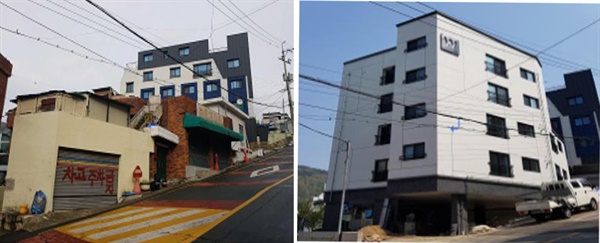 좌측 : 사업 전-노후 단독주택(2호), 우측 :  사업 후-신축 다세대주택(12호) 조감도