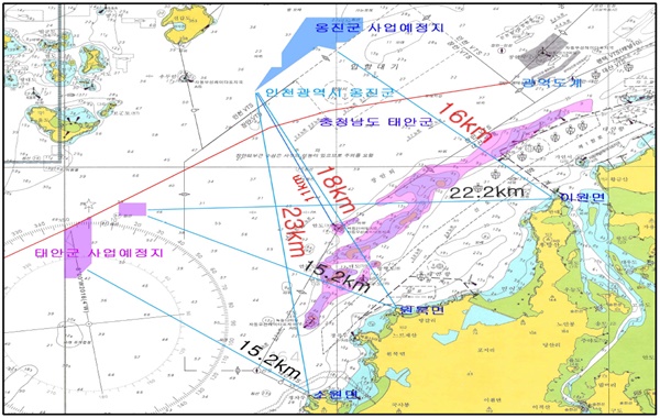  태안군과 웅진군의 모래채취 예정지 거리비교