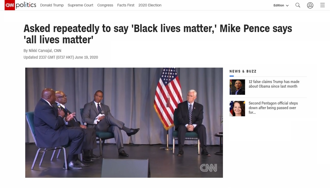 마이크 펜스 미국 부통령의 '흑인의 생명도 소중하다' 발언 거부를 보도하는 CNN 뉴스 갈무리.