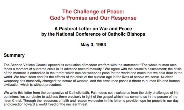 미국 가톨릭 주교회의가 1983년 5월 발표한 'The Challenge of Peace: God's Promise and Our Response(평화의 도전: 하느님의 약속과 우리의 응답)' 사목 서한(표지사진). 전쟁과 평화에 대한 미국 가톨릭의 입장을 담은 문서로, 오늘날 미국에도 시사하는 점이 많다.