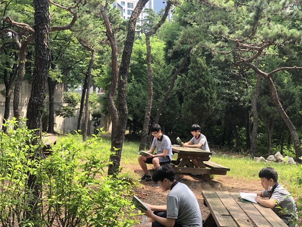 서울지역 한 중학교 학생들이 야외 학습을 하고 있다. 