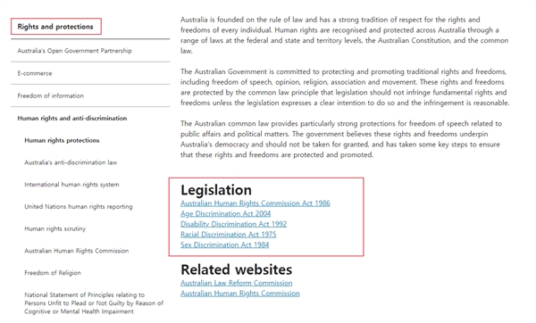 호주는 각 영역별 차별 금지법이 오래전에 제정되어 실시되고 있다. (https://www.ag.gov.au/)