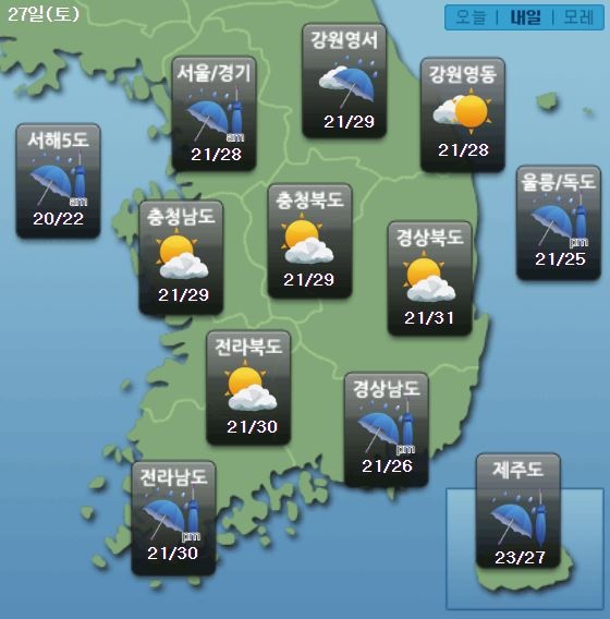  주요 지역별 토요일 날씨 전망