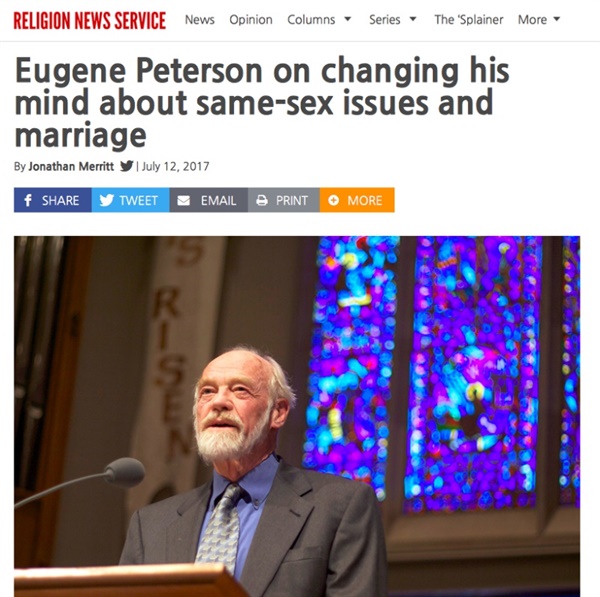 신학자이자 목회자, 그리고 <메시지> 등 베스트 셀러로 국내에도 잘 알려진 유진 피터슨은 2018년 6월 미국의 종교전문 매체 'RNS(Religion News Service)'와의 인터뷰에서 "성소수자와 관련된 논의는 끝났다고 본다"고 말했다.