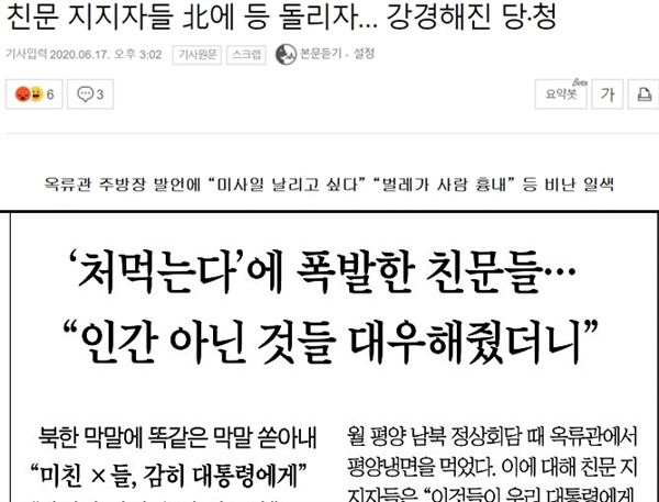 북한 '막말' 전하며 특정 지지층과 엮어 보도한 조선일보(6/16), 세계일보(6/17)