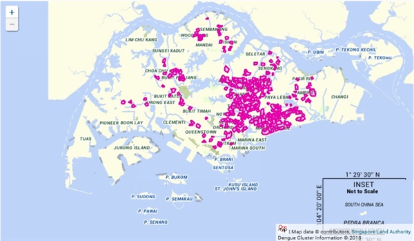 6월29일 현재 싱가포르 특별 관리지역인 뎅기 클러스터 현황. 주로 싱가포르 동부의 주거지역에 집중적으로 몰려 있습니다.
