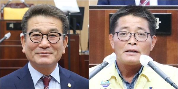 2일 오전 8대 사천시의회 후반기 의장단 선출이 마무리됐다. (사진 왼쪽부터 이삼수 의장. 김봉균 부의장)