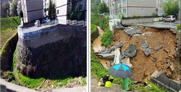 경남 거제시 사등면 성포리 공동주택 주차장이 붕괴되었다(사진 왼쪽은 피해 발생 전이고 오른쪽은  피해 모습).