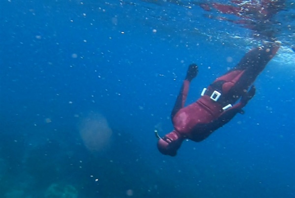 부력에 대한 저항을 최소화하기 위해 수직으로 입수하는 다이빙 기술