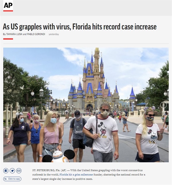 미국 플로리다의 코로나19 확진자 급증을 보도하는 AP통신 갈무리.