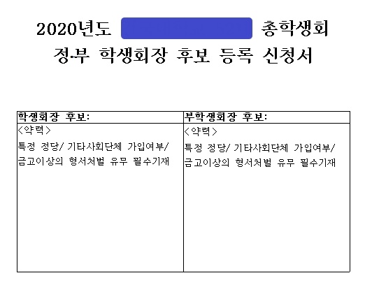 기자의 모교 총학생회 선거 정·부 학생회장 후보 등록 신청서 양식. 특정 정당/기타 사회단체 여부를 기재하도록 되어 있다.