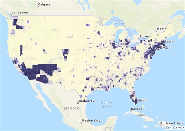 미국 존스홉킨스대가 집계한 미국 내 코로나19 사망자 지도. 이에 따르면 코로나19로 인해 집계된 전세계 총 사망자 57만3042명 중 1/4에 달하는 13만5605명이 미국 사망자다(7월14일 오후1시30분 기준)