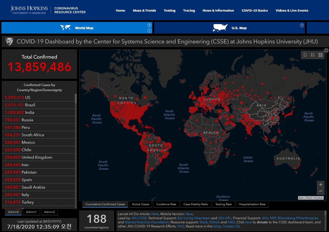 전 세계 코로나19 감염 현황을 집계하는 미 존스홉킨스대학 코로나19 리소스 센터 갈무리.
