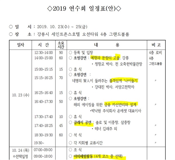 대한사립중고등학교장회가 지난 2019년 10월 23일부터 25일까지 연 '총회 및 연수회'의 일정표 가운데 첫날과 둘째날 일정. 모두 교육과 직접 관련이 없는 내용으로 채워져 있다. 