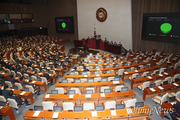 30일 오후 서울 여의도 국회에서 열린 본회의에서 주택임대차보호법 개정안이 재석 의원 187명 중 찬성 185명, 반대 0명, 기권 2명으로 가결처리됐다.
이날 미래통합당 의원들은 여당의 강행 처리에 반대하며 퇴장했다.