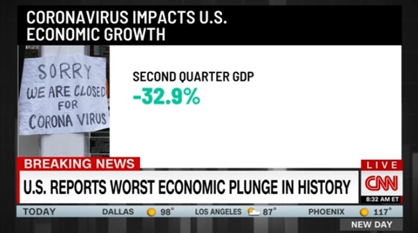 미국 2020년 2분기 경제성장률 급락을 보도하는 CNN 뉴스 갈무리.