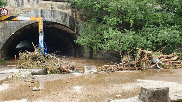 대전 동구 세천동 터널에 물이 쓸고 지나가면서 아스팔트가 들려 떠내려왔다.